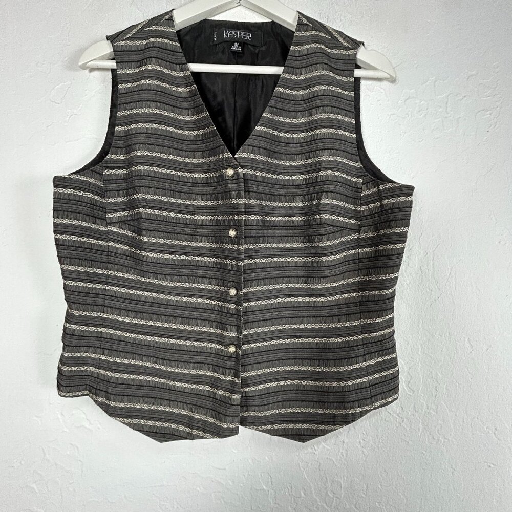 Kasper Petite Womens Striped V-Neck Vest Size 12P Black Gray Button-Front Lined